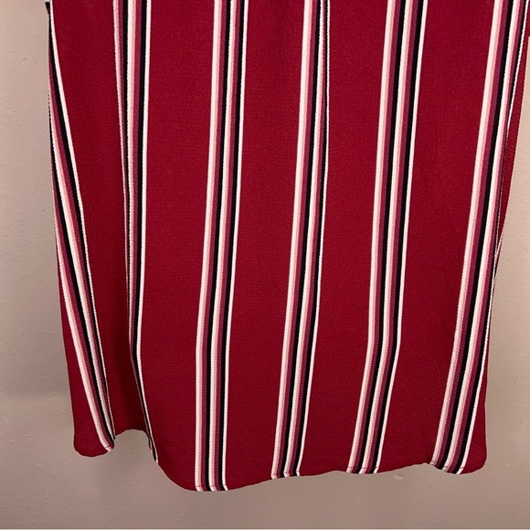 Medium Burgundy Red Striped Blouse Ruffle Accent Tie Neckline Accent Sleeveless - Picture 8 of 13